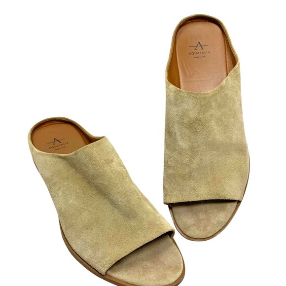 Aquatalia Anne Tan Suede Low Wedge Open Toe‎ Mules - Picture 12 of 12